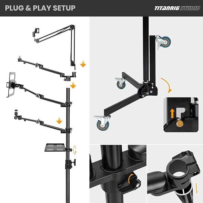 TARION Live Streaming Stand with Wheels - 61"/155cm 5-in-1 Stream Stand Equipment Kit: 1 Mic Boom + 3 Articulated Arms + 1 Projector Holder, Adjustable Heavy-duty Floor Live Tree Stand Setup TitanRig