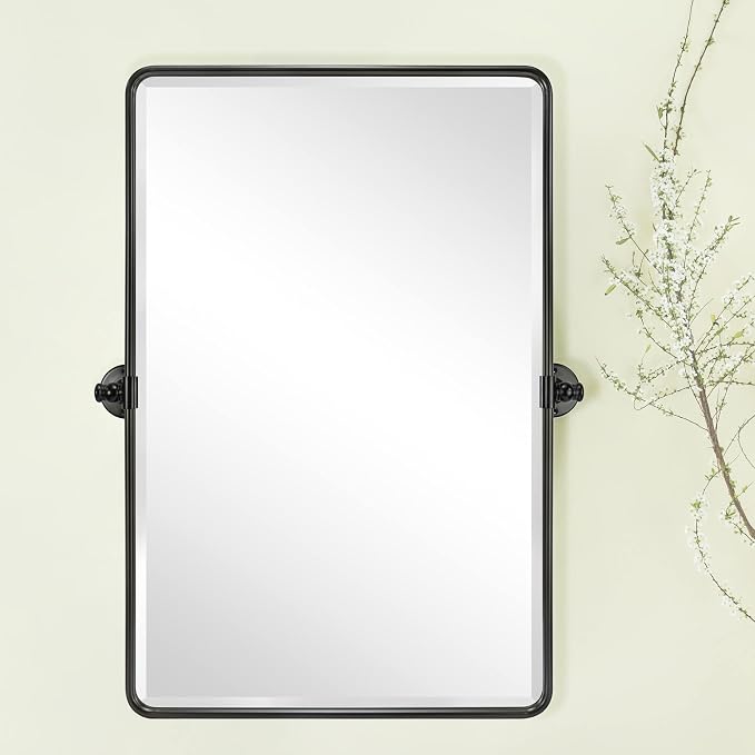 TEHOME Oil Rubbed Bronze Pivot Rectangle Mirrror Farmhouse Tiltable Rounded Metal Framed Pivoting Bathroom Mirror with Beveled Mirrror, Overall 26.91 x 35 inches (Mirrror 23 x 35 inches)