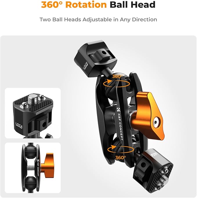 K&F CONCEPT Dual Ball Heads Magic Arm, Articulating Magic Arm with 1/4"-20 Screw, 360° swivelling Ball Head, Aluminum Alloy Camera Monitor Mount Arm
