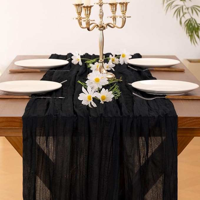 Socomi 10pcs Black Cheesecloth Table Runner Boho Rustic Gauze Fall Thanksgiving 120 inch 10FT Cheese Cloth Runner for Wedding Party Baby Shower Birthday Home Decor Holiday Decorations
