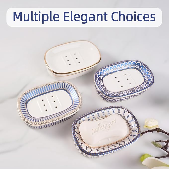 Self Draining Soap Dish, Double-Layer Bar Soap Tray, White Ceramic Soap Dish with Elegant Patterns (Style B)