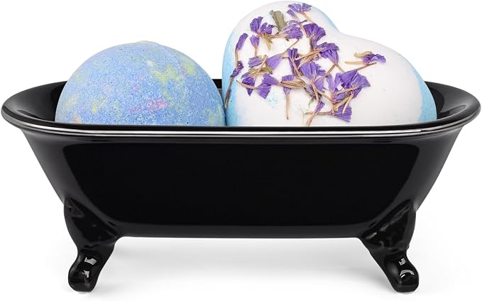 6.5" Ceramic Mini Decorative Clawfoot Bathtub Bar Soap Dish, Kitchen Sponge Holder and Shower Tray for Bathroom, 1 Pack (Black Silver Rim)