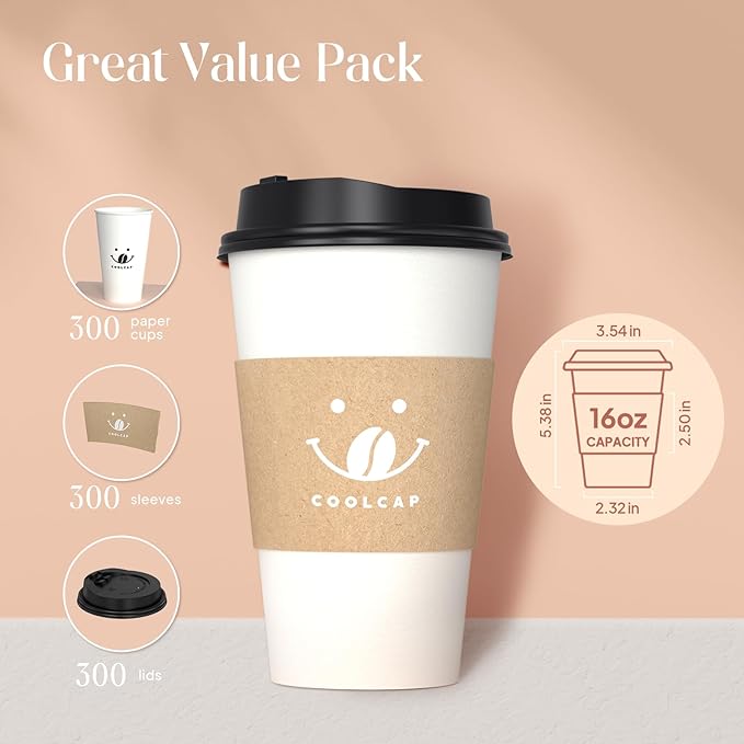 Coolcap Coffee Cups with Lids and Sleeves, 16 oz 300 Pack To Go Cups with Lids, Paper Hot Cups for Hot & Cold Beverage (White, 16 oz)
