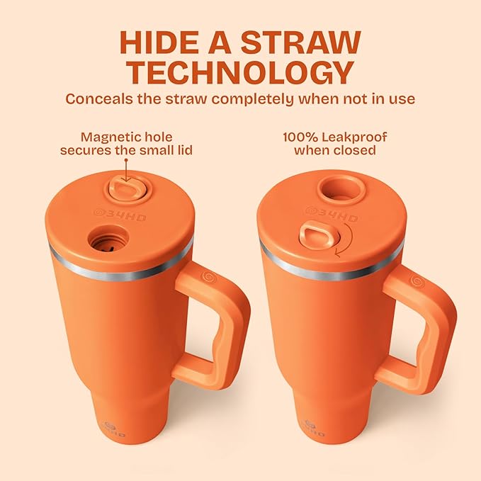 34HD 40 oz Stainless Steel Tumbler - Leakproof Insulated Water Bottle with Handle, Magnetic Lid and Flexible Straw - Iced for 48 Hours – Perfect for Men, Women, Birthday Gift, Orange - Tangerine Glow