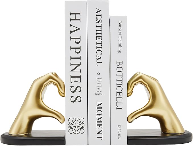 Gold Bookends, Heavy Duty Bookend Holder Decor, Golden Finger Heart Shaped, Modern Art Sculpture, Finger Home Decoration, Bookends Decorative, Boho Decor for Desktop Bedroom Study Room