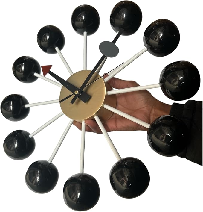 Mid Century Modern Ball Clock – George Nelson Style Wooden Wall Clock, Retro Starburst Design, Silent Non-Ticking Decorative Wall Decor for Living Room, Office, Kitchen & Home (Black, 24 Inch)