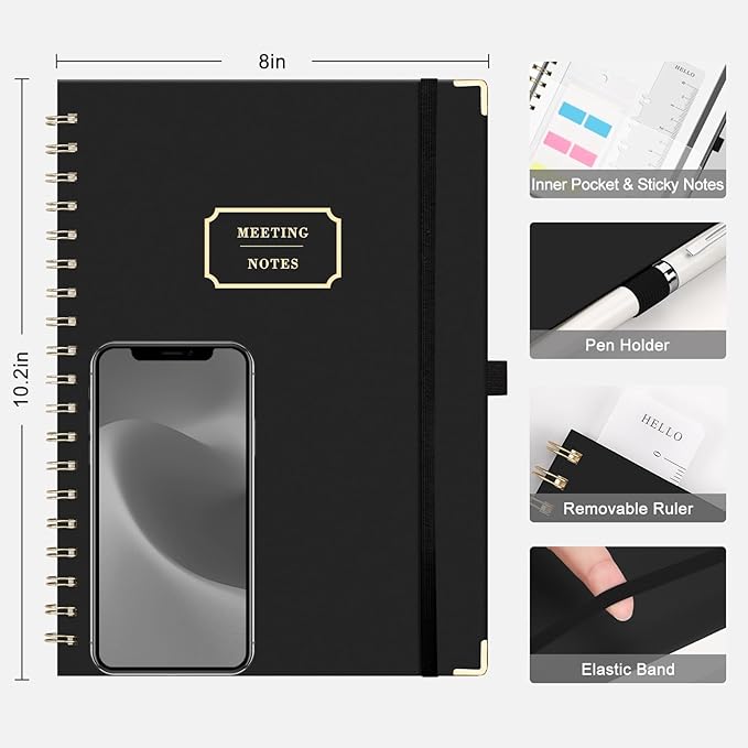 EMSHOI Meeting Notebook for Work - B5 Half Meeting Half Note Planner, 100 Pages, 100GSM Thick Paper, Hardcover, Project Organizer for Women Men Office, Business, Note Taking, 8"x10.2" - Black