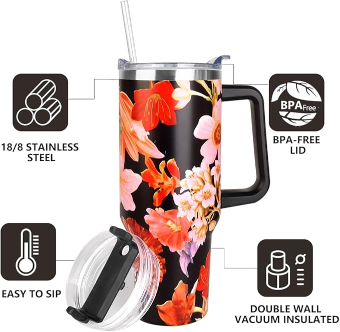 SYACOT 40 oz Tumbler with Handle and Straw Stainless Steel Insulated Tumbler Leak Proof Lid and Straw Lid Reusable Travel Mug Coffee Mug Cup Dishwasher Safe Keep Drinks Cold and Hot (Jasmine)