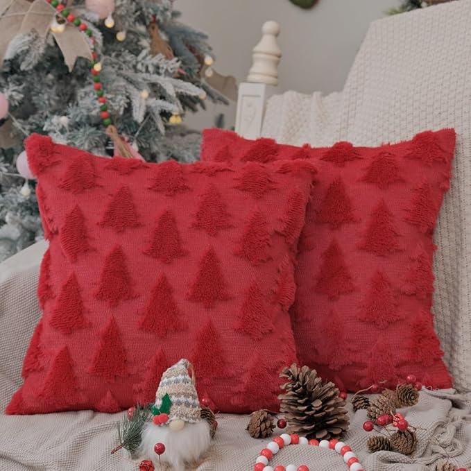 GEEORY Christmas Tree Throw Pillow Covers 16x16 Inch Set of 2, Xmas Winter Soft Plush Faux Fur Wool Decorative Farmhouse Holiday Cushion Case for Home Decoration (Red) GC005-16