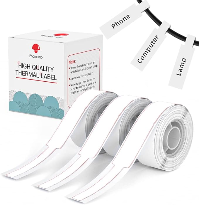 Phomemo D30 Label Maker Tape Cable Wire Label Tape, Black Print on White Sticker, 12.5mm x 74mm+35mm (3/8" x2 7/8"+1 3/8) Self-Adhesive Thermal Label Tape, 65 Tapes/Roll, 3-Roll