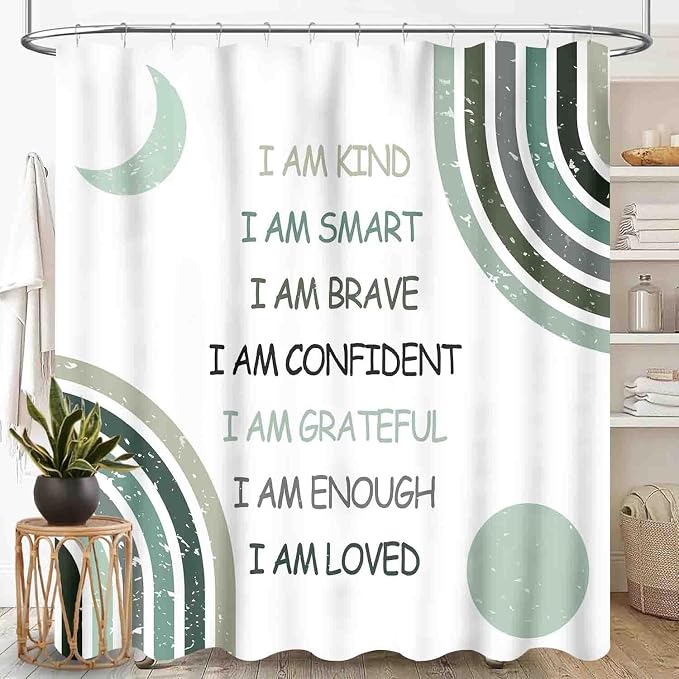 Rainbow Shower Curtain, Watercolor Rainbow Cartoon Abstract Circle Polka Dots Splashes Sage Green Cute for Girls Baby Kids Waterproof Fabric Bathroom Shower Curtain Set with Hooks, 72"x78" Inch