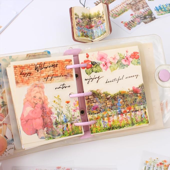 20 Sheets Gardening Scene Pre-Cut Sticker Book for Junk Journal Supplies, Flower Fence Retro Wall Collage Background Journaling Stickers, PET and Washi Stickers for Adults Planner Bujo