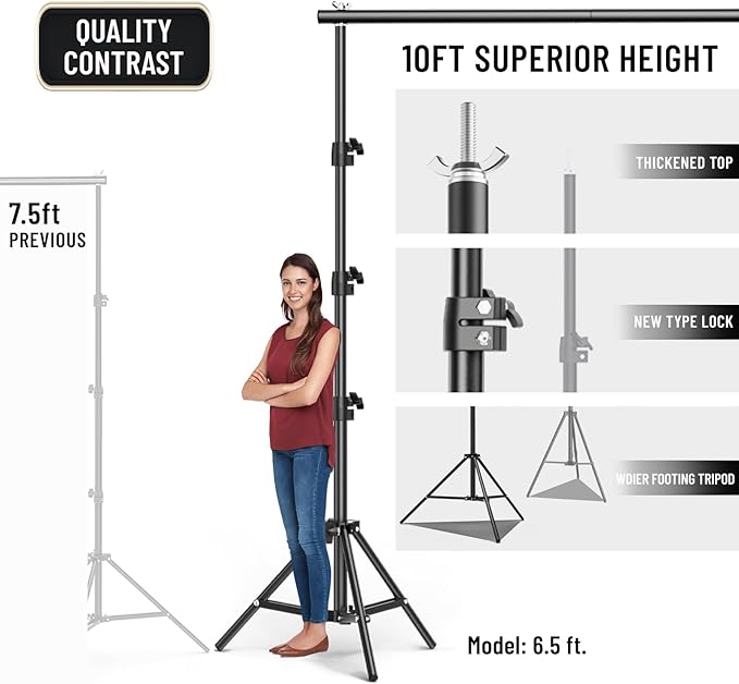 BEIYANG 10x10FT Backdrop Stand, Background Support Kit for Photography, 2 Adjustable Backdrop Supports, 4 Crossbars, 4 Clamps, and Carrying Bag for Photo Video Stutio, Parties Decoration