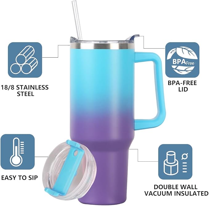 SYACOT 40 oz Tumbler with Handle and Straw Stainless Steel Insulated Tumbler Leak Proof Lid and Straw Lid Reusable Travel Mug Coffee Mug Cup Dishwasher Safe Keep Drinks Cold and Hot (Amethyst)