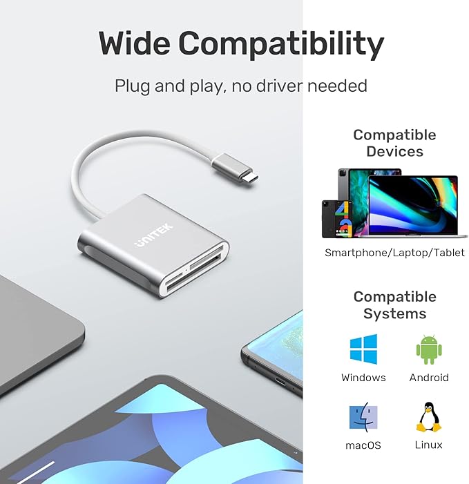 Unitek USB C SD Card Reader, Aluminum 3-Slot USB 3.0 Type-C Flash Memory Card Reader for USB C Device, Supports SanDisk Compact Flash Memory Card and Lexar Professional CompactFlash Card - Grey