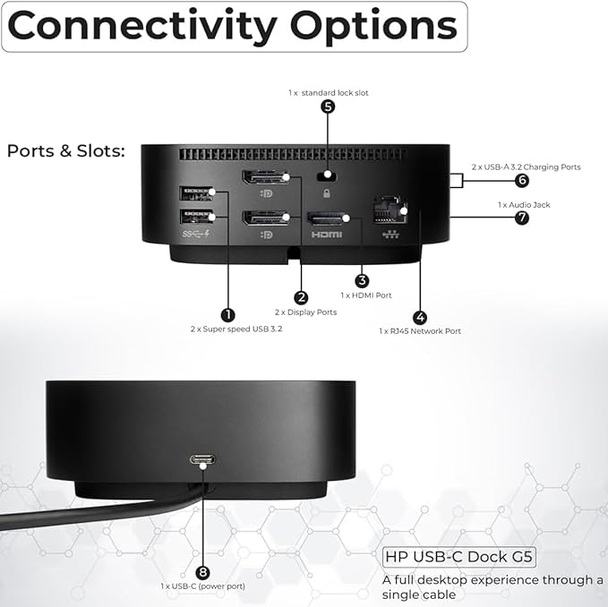HP Docking Station for Laptop Dual Monitor and Charging Bundle - HP USB-C G5 Dock 5TW10AA / 5TW10UT / 5TW10AA#ABB with 120W Adapter, HDMI, DisplayPort, USB-C Cables & Microfiber Cleaning Cloth
