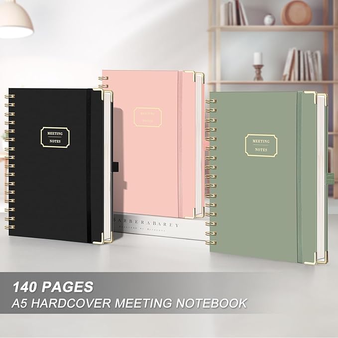 EMSHOI Meeting Notebook for Work - A5 Half Meeting Half Note Planner, 140 Pages, 100GSM Thick Paper, Hardcover, Project Organizer for Women Men Office, Business, Note Taking, 6"x8.3" - Black
