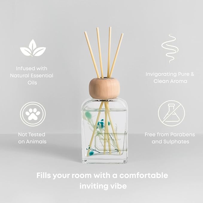 Orelune Reed Diffuser Set, 3.4 fl oz - Refreshing Home Fragrance with Sticks - Long-Lasting Scented Oil Reed Diffuser for Bedroom, Living Room, Bathroom Shelf Decor (Azure Blue Leaf)