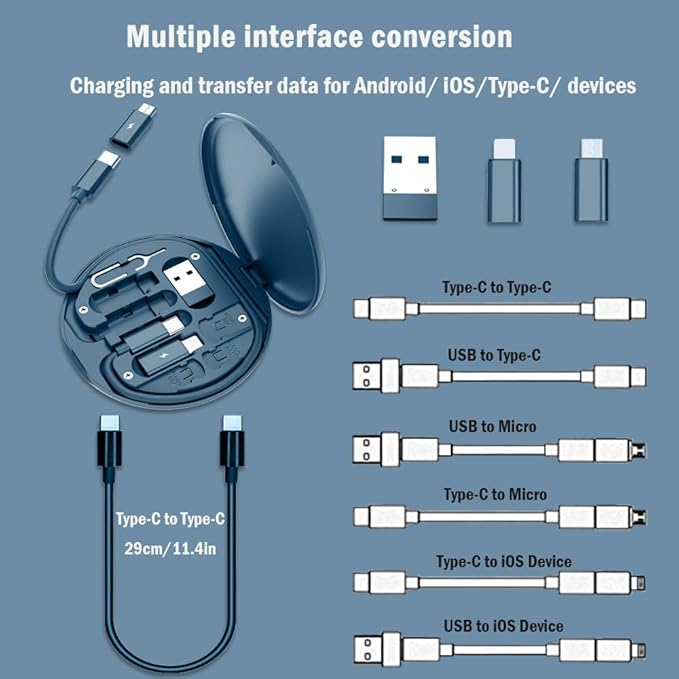 USB C Adapter Kit, Multi Charging Cable Case Convertor USB C to iOS Device Type C Micro Adapter Data Transfer Contains Card Slot for Traveling, Use as Phone Holder(Midnight Blue)