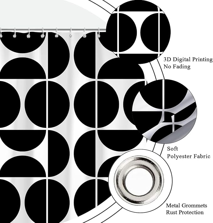 Black and White Mid Century Modern Shower Curtain, Boho Abstract Geometric Retro Art Bath Curtains For Bathroom, Colorful Unique Pattern Waterproof Polyester Fabric Bathroom Set 12 Hooks 36X72IN