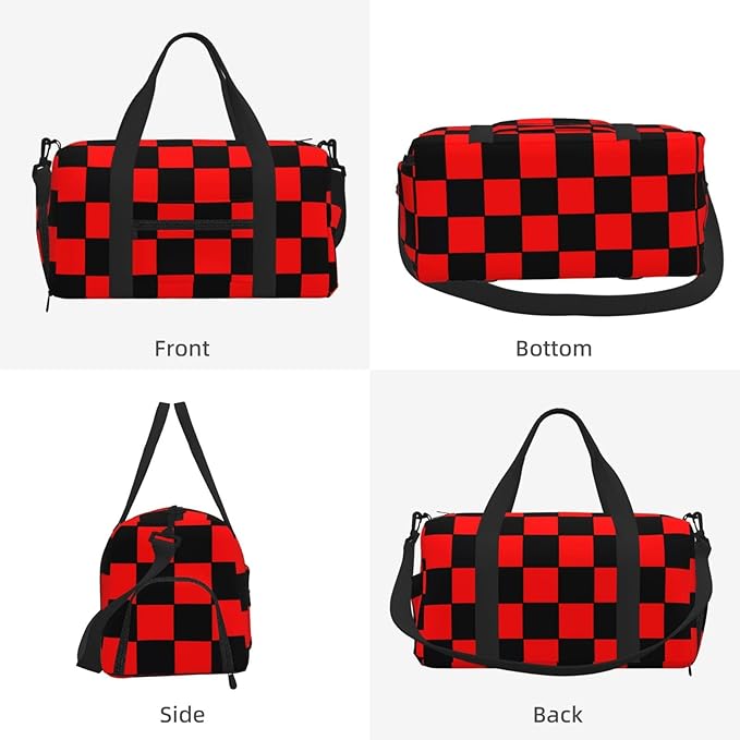 Checkered Flag Red Black Women'S Gym Duffle Bag With Shoes Compartment, Ideal For Travel, Gym, Sports, Duffel, Weekender