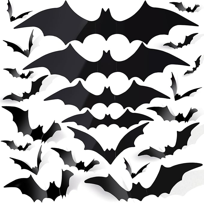 FANDAMEI 140PCS Bats Halloween Decoration, 5 Sizes Bats Wall Decor Party, 3D Bat Wall Decor for Halloween Decorations Indoor Outdoor. Black Sticky Bats Home, Bat Stickers for Window(140PCS)