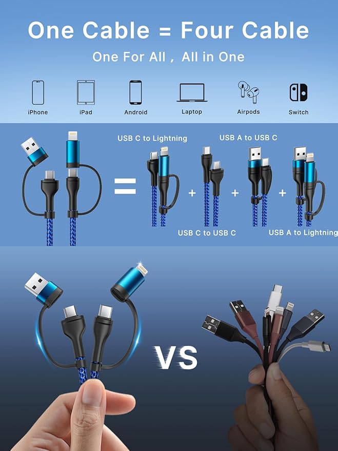 XUDUO 4 in 1 Charging Cable Fast USB C Cable Type C Charger 60W Lightning Cable Adapter USB C to USB C Cable for iPad Charger Fast Multi Charging Cord Fits iPhone 17 16 15/15 Pro/15 Plus/14 Pro Max