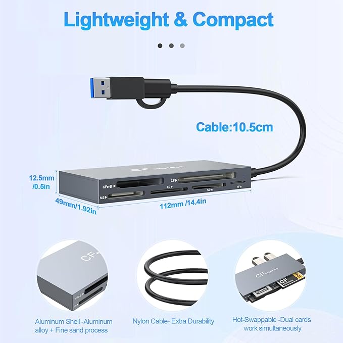 Multi 8 in 1 USB C/USB A for CFexpress Type B Card Reader,10Gbps CFexpress Adapter for Type B/CF/XD/MS/TF/SD Card with Windows/Mac/Linux/Android, for iPhone 16/15, iPad Pro/Samsung/Laptops/Tablets