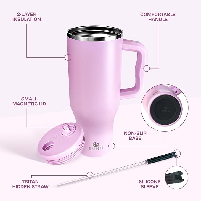 34HD 40 oz Stainless Steel Tumbler - Leakproof Insulated Water Bottle with Handle, Magnetic Lid and Flexible Straw - Iced for 48 Hours – Perfect for Men, Women, Birthday Gift, Pink - Blush Petal