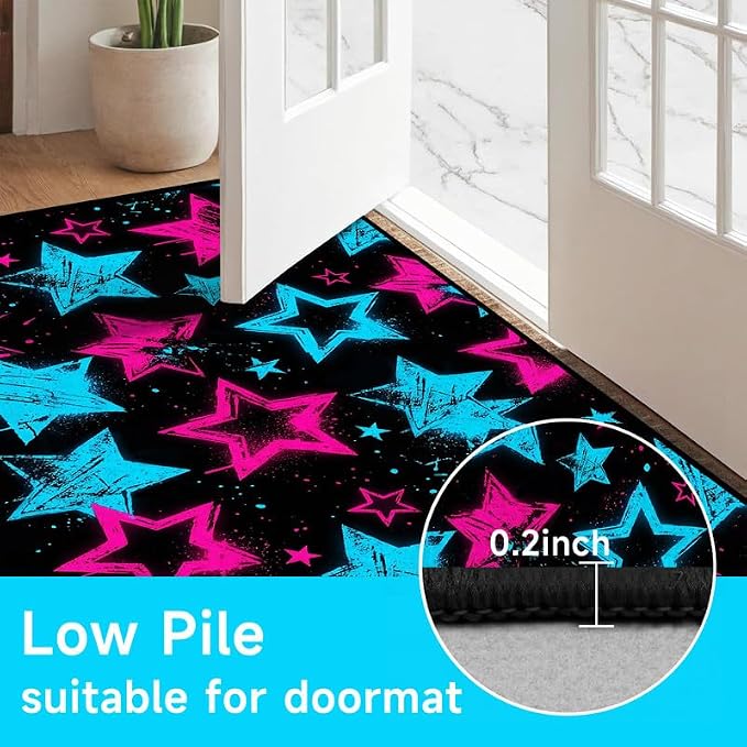 5'x7' Neon Star Area Rug Black Pink and Blue Floor Mat Abstract Star Print Rugs Washable Non-Slip Carpet for Bedroom Living Room Nursery Kitchen Playroom Home Decor