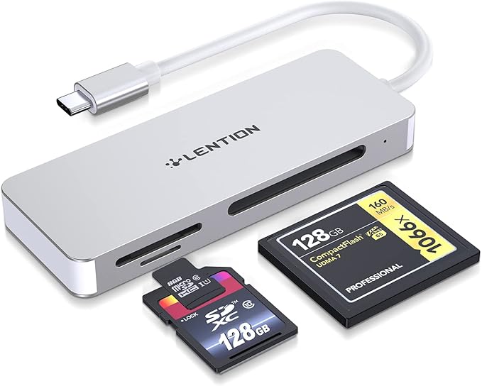 LENTION USB C to CF/SD/Micro SD Multi-Card Reader, SD 3.0 Card Adapter Compatible 2025-2016 MacBook Pro 13/15/16, 2025-2018 Mac Air/iPad Pro/Surface, More (CB-C12, Silver)