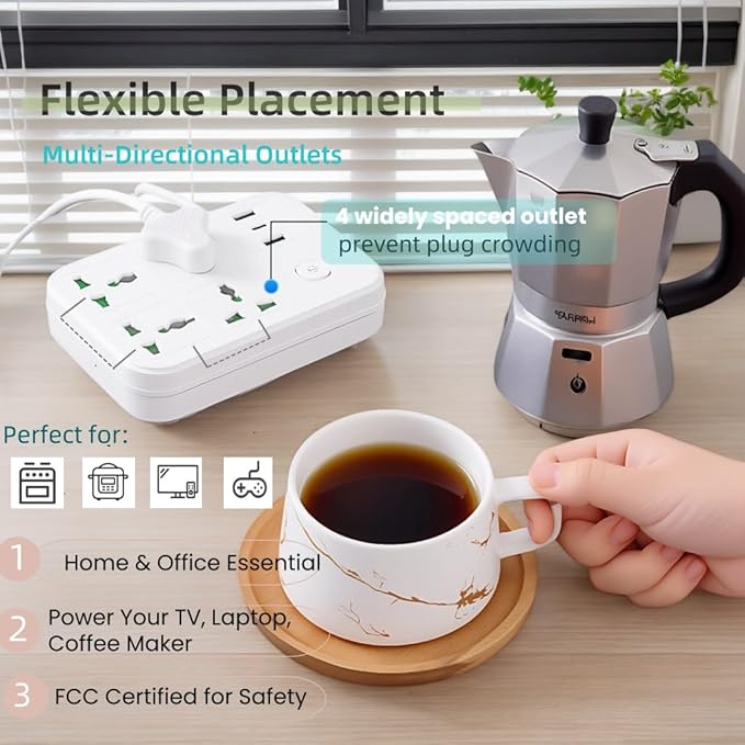 6Ft Extension Cord with Multiple Outlets, Surge Protector Power Strip 4 AC Outlet s & 3 USB Ports Dual Voltage Multi Plug Outlet Extender for Home, Office, Dorm Room Essentials, White
