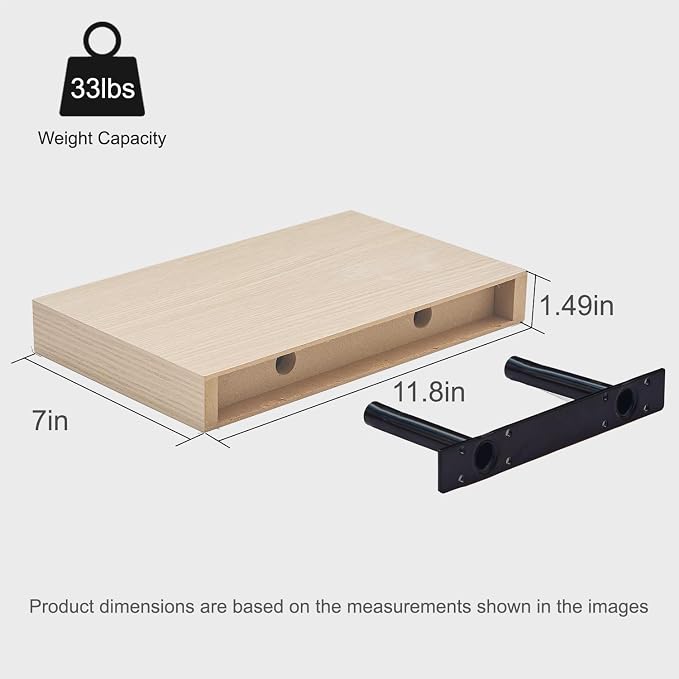 Oak Floating Shelves for Wall Set of 2, 11.8 Inch Small Wood Wall Shelves for Bathroom Over Toilet, Kitchen & Bedroom Storage, Wall Mounted Shelves for Spice Jars, Plants & Decor