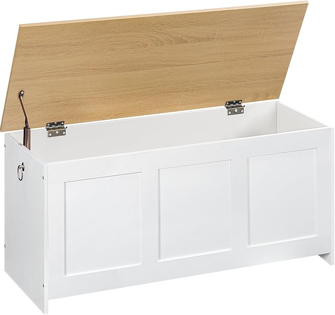 HOOBRO Storage Bench, 39.3" Retro Wooden Storage Chest, Wooden Storage Trunk, Toy Chest with Lift Top, Multifunctional Entryway Organizer, for Entryway, Living Room, White and Natural WN141CW01