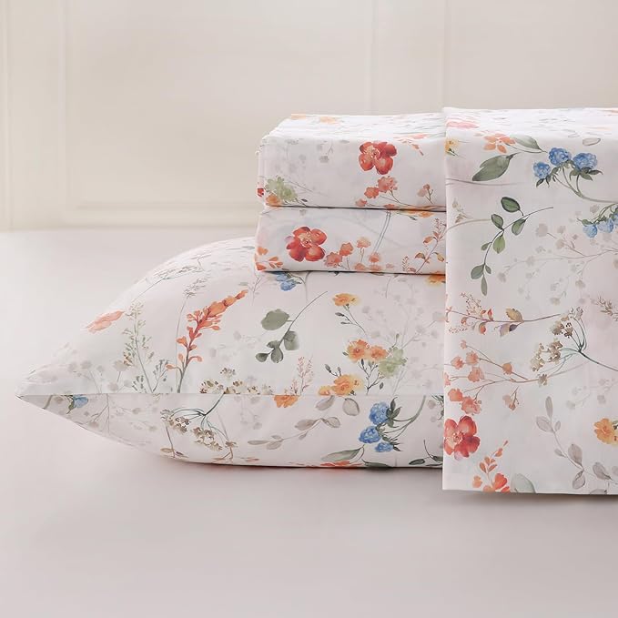 Zusbest Floral Bed Sheets Cal King Percale Cotton Orange Blue Flower Sheet Set Green Botanical Printed on White Patterned Deep Pocket Sheets, Crisp Soft Breathable for Hot Sleepers, California King