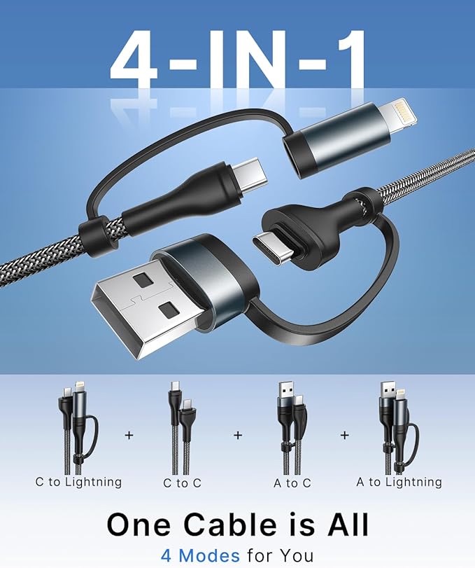 XUDUO 4-in-1 USB C Cable Lightning Cable 60W [Fast Charging & Data Sync] 6FT Multi Charger Cable Charging Cord Lightning/Type C/USB A Ports for iPhone 17 16/15/15 Pro/15 Plus/15 14 Pro Max
