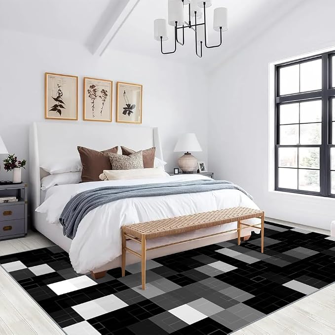Modern Abstract Area Rugs, Black Gray White Geometry Carpet, Washable Non Slip Low Pile Soft Rug for Living Room Bedroom Decor Mat 5x7ft