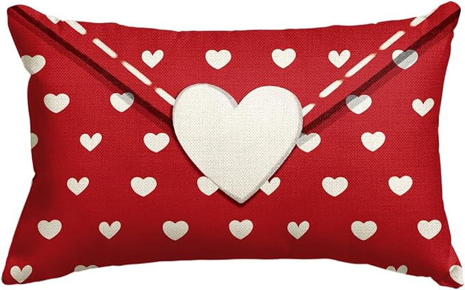 AVOIN colorlife Valentine's Day Envelope Throw Pillow Cover, 12 x 20 Inch Red Heart Red Anniversary Wedding Cushion Case Decoration for Sofa Couch