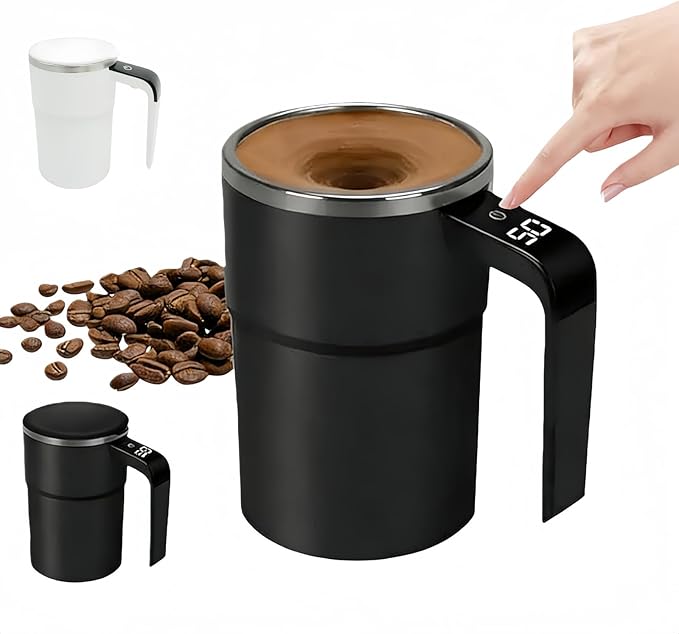 Automatic Magnetic Stirring Coffee Mug with Temperature Display, Rechargeable Self Stirring Mug, Portable Coffee Mug for Home Office Travel (Black)