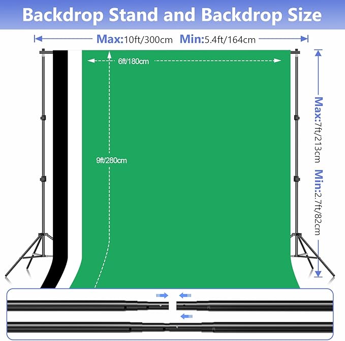 EMART Photo Video Studio Backdrop Stand Kit, 7×10ft Adjustable Photography Support System with Polyester Background(Black/White/Green Screen), Spring Clamps and Carry Bag for Photoshoot