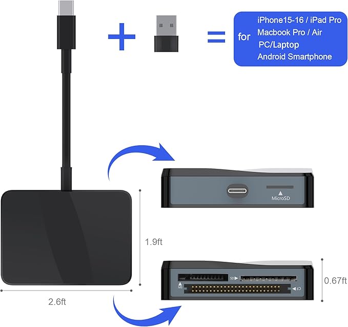 SD Card Reader, 4 in 1 USB C to SD/TF/CF/MS Card Reader with USB to USB C Adapter Memroy Card Reader for iPhone 17/16/15 Pro Max iPad Pro MacBook Pro/Air iMac M4/M3/M2 Android Phone/Tablet PC (Black)
