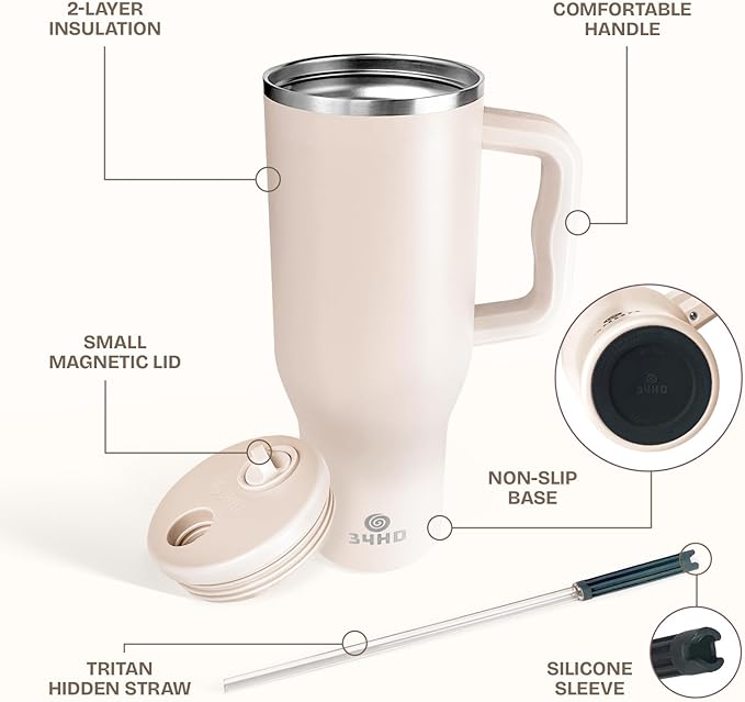 34HD 40 oz Stainless Steel Tumbler - Leakproof Insulated Water Bottle with Handle, Magnetic Lid and Flexible Straw - Iced for 48 Hours – Perfect for Men, Women, Birthday Gift, White - Vanilla Cloud
