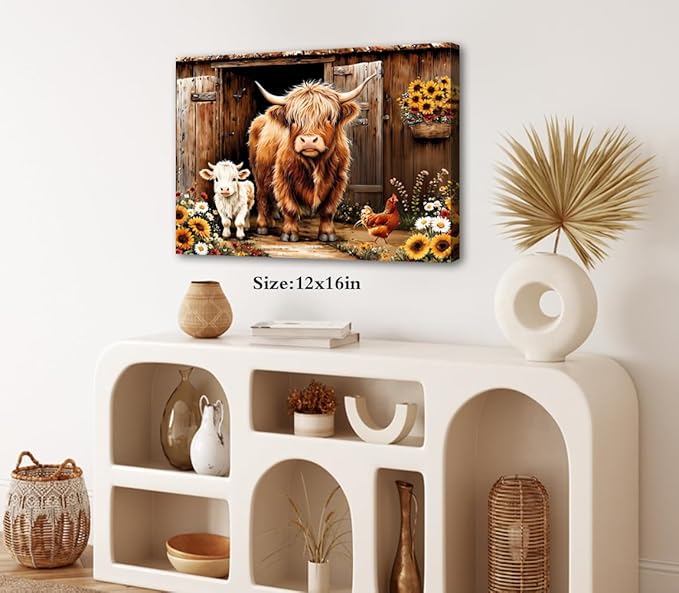 ZOIYINO Farmhouse Highland Cow Wall Art Rustic Country Sunflower Cow Pictures Wall Decor,Farm Animal Cattle Sunflower Prints Painting Modern Artwork Bedroom Living Room Home Decorations 12"X16"
