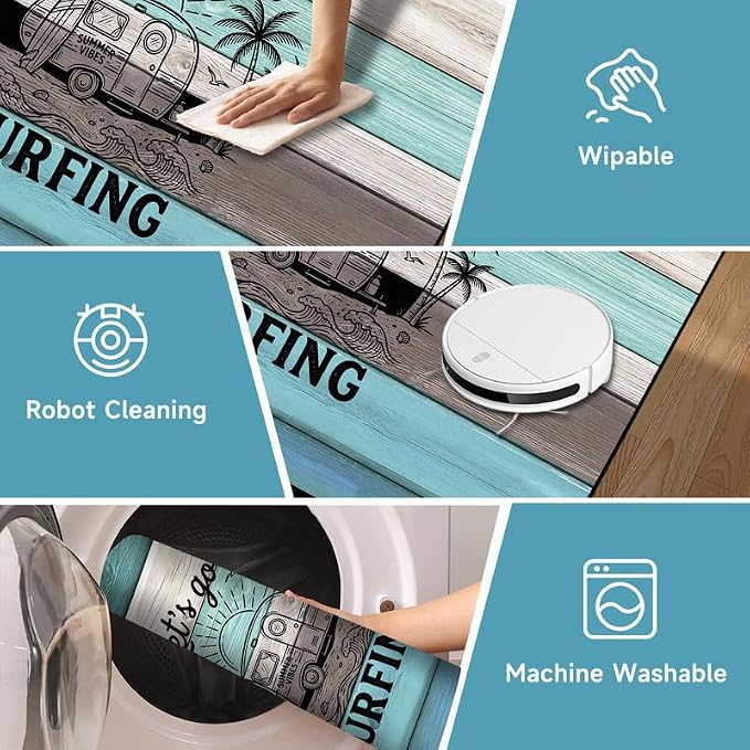 Surfing Area Rug Beach Van Palm Tree Carpet Retro Wood Grain Striped Rugs Non Slip Washable Floor Mat for Entryway Bedroom Living Room Nursery Playroom Home Decor,2'x3'