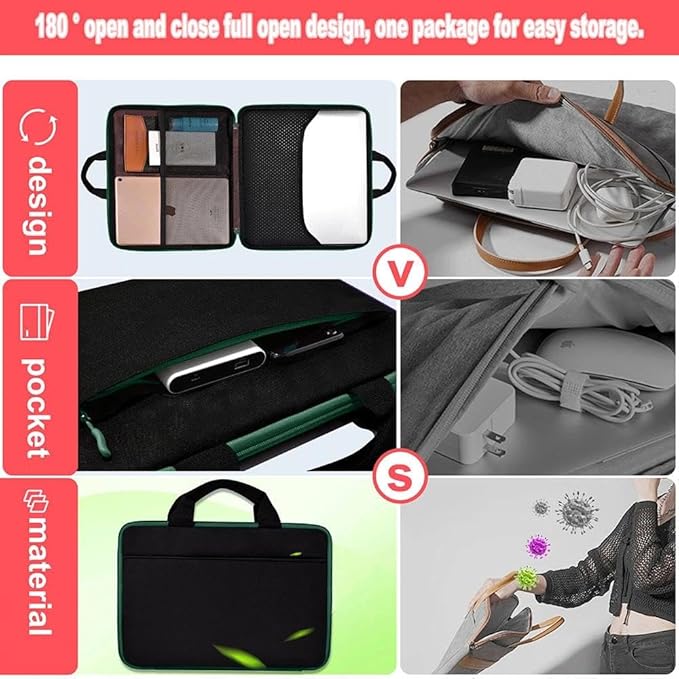 Hseok Laptop Case 13.3-14 inch Briefcase Handbag, Water-Resistant and Shockproof Computer Sleeve Compatible with MacBook Pro 14", Mac Air/Pro 13.3" and 13"-14" Notebooks Chromebooks,Black-Green