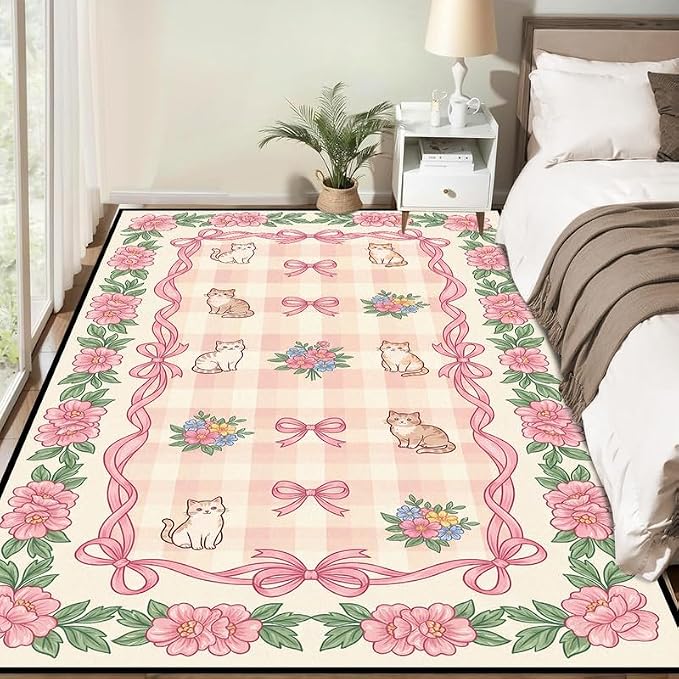 2'x3' Cat Floral Area Rug Pink Bow Flower Carpet Washable Rug Cute Cartoon Boho Floor Mat for Entryway Bedroom Living Room Nursery Playroom Classroom Home Decor