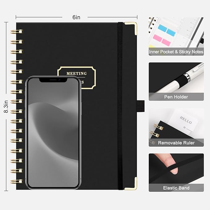 EMSHOI Meeting Notebook for Work - A5 Half Meeting Half Note Planner, 140 Pages, 100GSM Thick Paper, Hardcover, Project Organizer for Women Men Office, Business, Note Taking, 6"x8.3" - Black