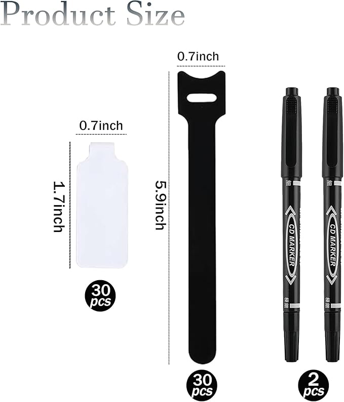 60 Pieces Reusable Cable Labels and Hook & Loop Ties Organizer Kit - 30 Tags & 30 Fasteners for Cord Management, Includes Markers for Home, Office Electronics