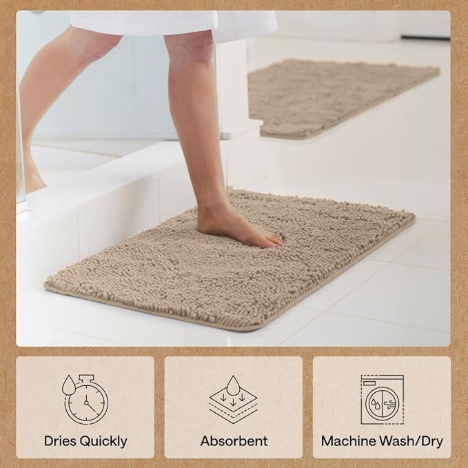 GORILLA GRIP Bath Rug Mat 54x24, Thick Absorbent Chenille, Quick Dry Microfiber Mats, Rubber Backing Washable Shower Floor Rugs, Bathmat Runner, US Designed Bathroom Home Decor Accessories Gray Beige
