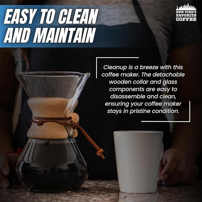 New York's Favorite Coffee - 6 Cup Pour Over Coffee Maker,Borosilicate Glass Carafe with Wooden Collar,Drip Coffee Brewer for Home & Office,Dishwasher Safe